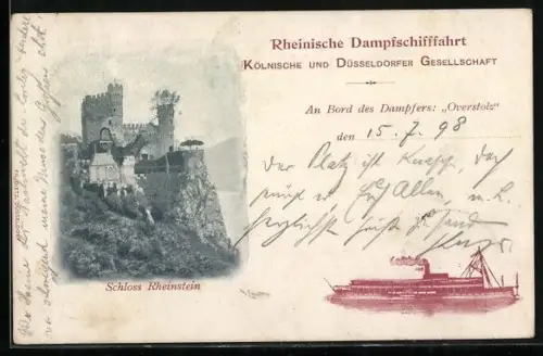 AK Rheindampfer Overstolz der Rheinischen Dampffschifffahrt, Ansicht vom Schloss Rheinstein