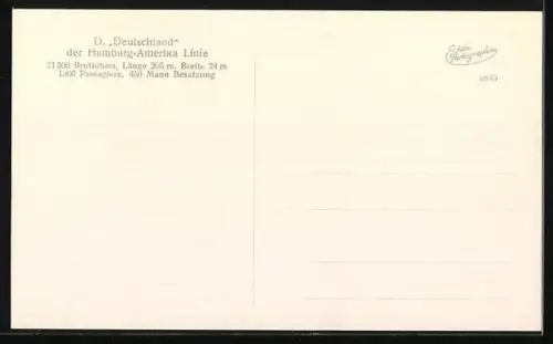 AK Passagierschiff Deutschland der Hamburg-Amerika-Linie auf See