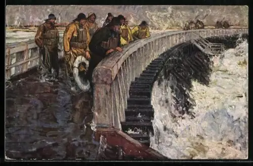 Künstler-AK Rettungsmannschaft bei Sturmflut an der Mole