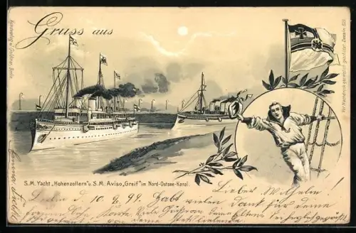 Lithographie Kaiserliche Yacht Hohenzollern und Aviso Greif im Nord-Ostsee-Kanal
