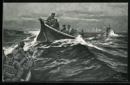 AK Deutsches U-Boot schleppt Beiboote versenkter Handelsschiffe ab