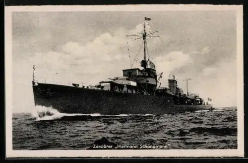AK Zerstörer Z-7 Hermann Schoemann der Kriegsmarine grosse Fahrt laufend