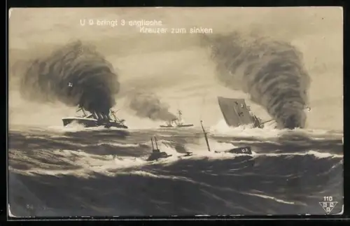 AK U-Boot U-9 versenkt 1914 in der Nordsee die britischen Panzerkreuzer Aboukir, Hogue und Cressy