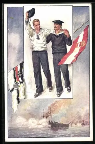 Künstler-AK Deutsches Kriegsschiff beim Abfeuern der Geschütze, Deutscher und österr. Matrose Arm in Arm