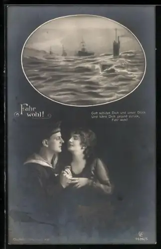 AK Deutsches U-Boot bei Überwasserfahrt, Matrose mit seiner Liebsten im Arm