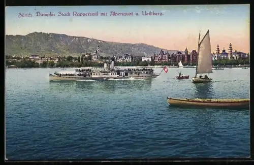 AK Zürich, Passagierdampfer Stadt Rapperswil mit Alpenquai und Uetliberg