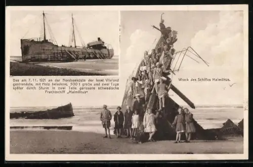 AK Wrack des Frachtschiffes Malmöhus, gestrandet 7.11.1921 auf der Insel Vlieland, Seenotrettung