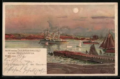 Künstler-AK Kiel, Blick in den Kriegshafen von der Seebadenanstalt, Kreuzer im Hafen