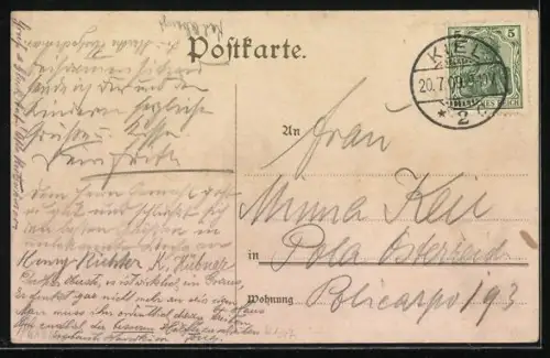 Künstler-AK Kiel, Blick in den Kriegshafen von der Seebadenanstalt, Kreuzer im Hafen