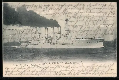 AK Grosser Kreuzer Prinz Adalbert unter Volldampf fahrend, Kriegsschiff