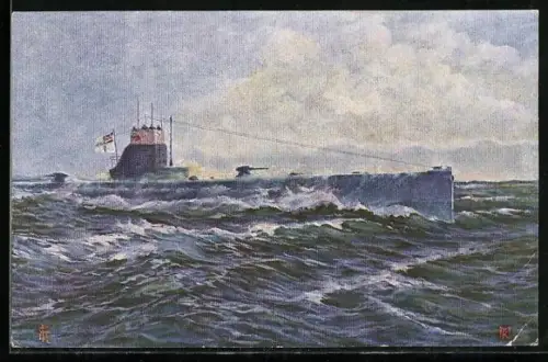 Künstler-AK Deutsches U-Boot auf hoher See