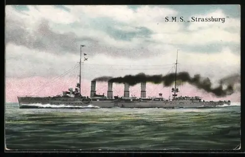 AK Kleiner Kreuzer Strassburg in voller Fahrt, Kriegsschiff