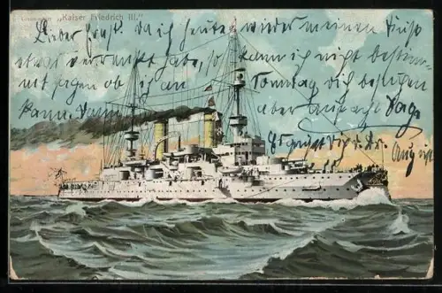AK Linienschiff Kaiser Friedrich III. in bewegter See, Kriegsschiff