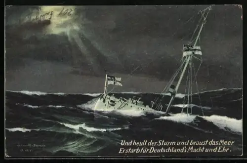 Künstler-AK Heck eines untergehenden deutschen Kreuzers, wehende Reichskriegsflaggen an Heck und Mast