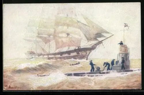 Künstler-AK A. Hubert: Deutsches U-Boot versenkt feindliches Dreimast-Vollschiff