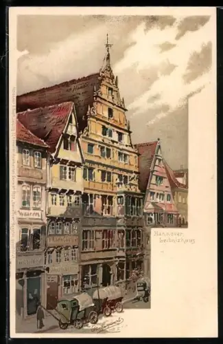 Lithographie Hannover, Leibnizhaus mit Strassenpartie