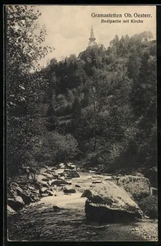 AK Gramastetten /Ob. Oesterr., Rodlpartie mit Kirche