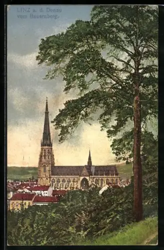 AK Linz a. d. Donau, Blick vom Bauernberg mit Dom und Stadt