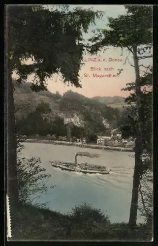 AK Linz a. d. Donau, Blick nach St. Margarethen, Donaupartie mit Dampfschiff