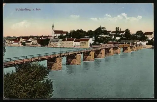 AK Schärding a. Inn, Panorama mit Brücke und Kirche