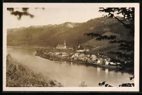 AK Engelhartszell a. d. Donau, Panorama mit Donau und Kirche