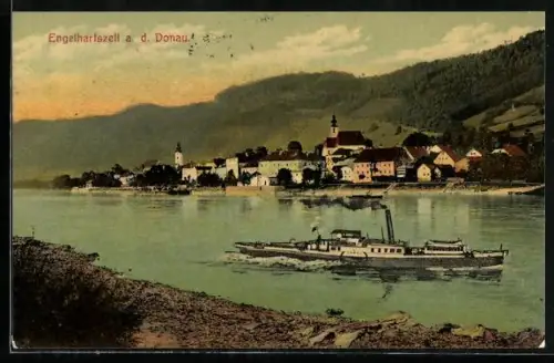 AK Engelhartszell a. d. Donau, Panorama mit Dampfer und Kirche
