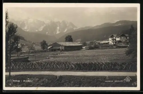 AK Gosau, Gasthaus Brandwirt, Gehöfte vor Bergpanorama
