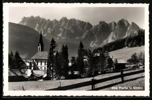 AK Gosau, Partie mit Kirche und Gebirgspanorama