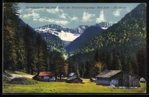 AK Bad Ischl, Rettenbachalm, Panorama mit dem Loser und Almhütten