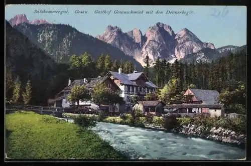 AK Gosau /Salzkammergut, Gasthof Gosauschmied mit den Donnerkogln