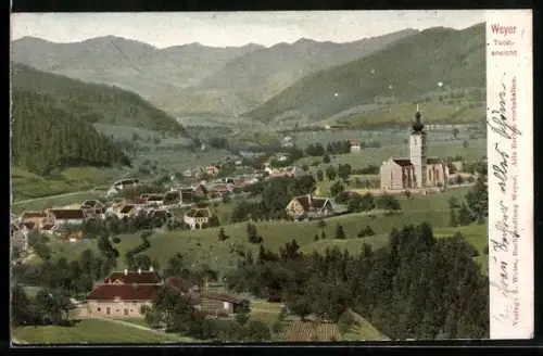 AK Weyer, Totalansicht mit Kirche und Bergpanorama