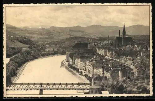 AK Steyr /Ob. Öst., Panorama mit Fluss, Brücke und Kirche