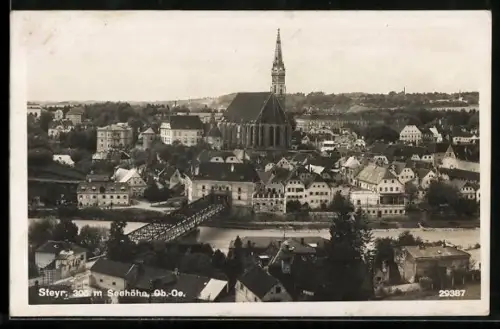 AK Steyr /Ob.-Oe., Panorama mit Kirche und Brücke