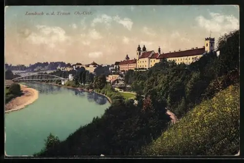 AK Lambach /Ob.-Oest., Stift an der Traun, Uferpartie mit Brücke