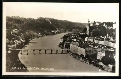 AK Ach a. d. Salzach, Panorama mit Salzachbrücke und Burghausen