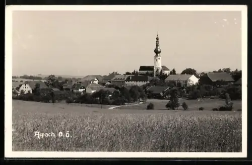 AK Aspach /O. Ö., Dorfpanorama mit Kirche