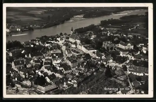 AK Schärding am Inn, Luftaufnahme mit Kirche und Inn