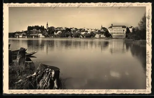 AK Schärding am Inn, Panorama mit Innufer und Kirchturm