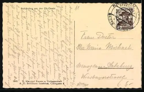 AK Schärding am Inn, Panorama mit Innufer und Kirchturm