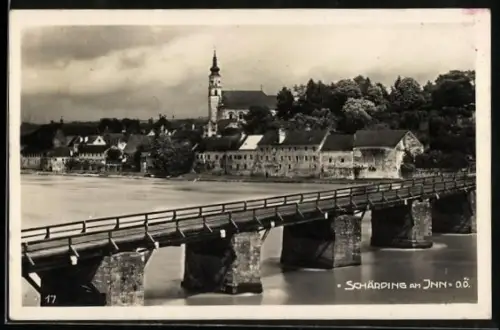 AK Schärding am Inn, Brücke über den Inn, Ortsansicht mit Kirche