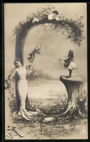 AK Der Buchstabe G als Baum, Frau mit Blumen und Kindern