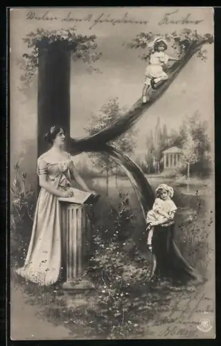 AK Frau mit Kindern und aus einem Baum geformter Buchstabe K