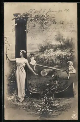 AK Der Buchstabe L als Baum, Brau mit Blume und Kinder auf der Wippe