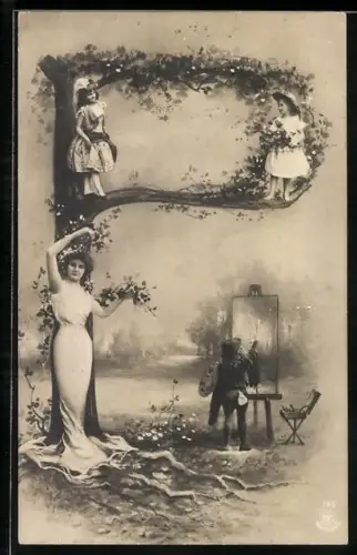 Foto-AK NPG NR: 195, Buchstabe P, Kind malt an der Staffelei