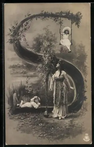 AK Frau und Kinder spielen am Buchstaben S, der als Baum empor wächst