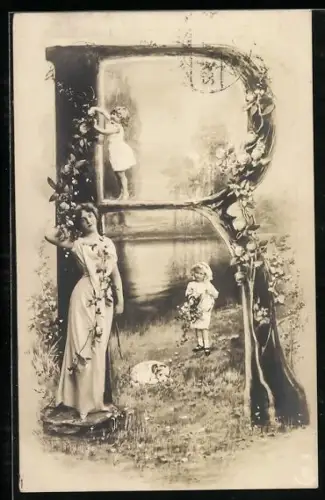 AK Frau mit Kindern am Ufer eines Sees, Hund, Buchstabe R