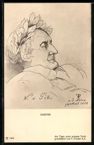 AK Dichter Johann Wolfgang von Goethe mit Lorbeerkranz auf dem Totenbett