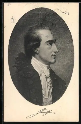 AK Dichter Johann Wolfgang von Goethe, Seitenporträt in jungen Jahren im Passepartout-Rahmen