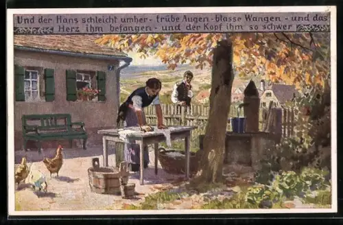 Künstler-AK P. Hey, Volksliederkarte Nr.58: ein Mann beobachtet eine junge Frau bei der Heimarbeit