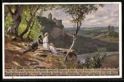 Künstler-AK Paul Hey: An der Saale hellem Strande, Pärchen geniesst den Ausblick, Verein für das Deutschtum im Ausland